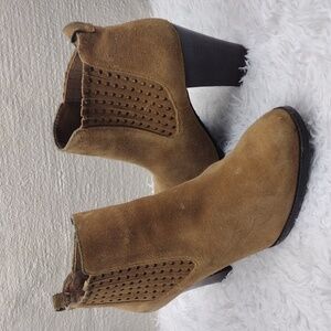 Antonio Melani Tan Suede Leather Almond Toe Slip On Blocked High Heel Ankle Boot